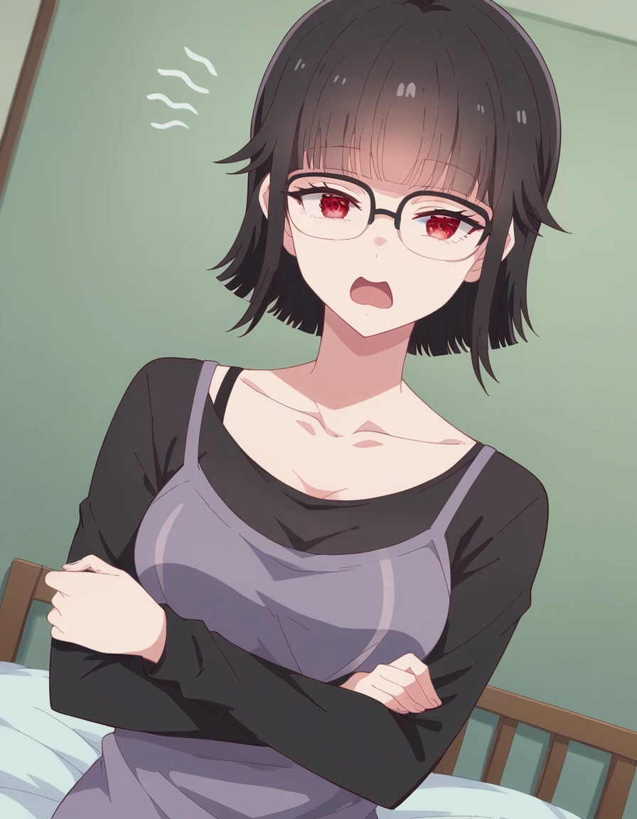 score_9, score_8_up, score_7_up, source_anime, <lora:kaho-fujinami-s1-ponyxl-lora-nochekaiser:1>, kaho fujinami, short hair, bangs, black hair, red eyes, glasses, blunt bangs, medium breasts,, shirt, long sleeves, collarbone, black shirt, camisole,, bedroom, alarm clock, morning routine, yawning, stretching, on bed,, , looking at viewer, crossed arms, smile, smug, solo,, cowboy shot, dutch angle