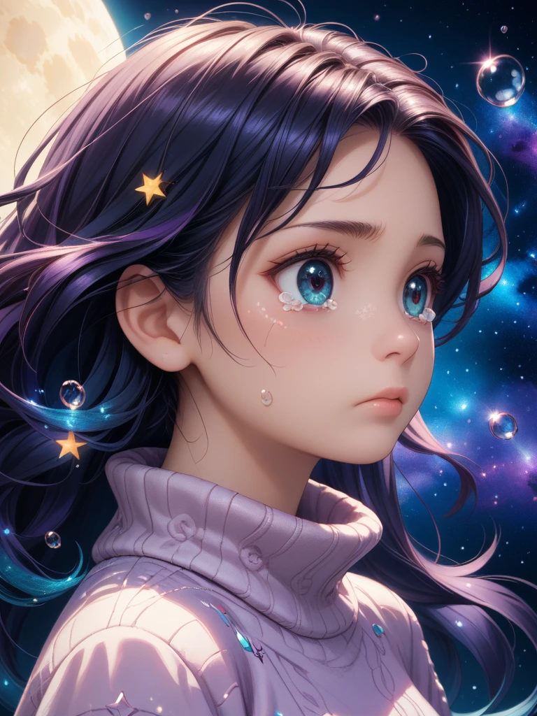 score_9, score_8_up, score_8,
highly detailed, intricate, beautiful aesthetic,
vibrant, extreme contrast, 
focus on face, (headshot), close up, view from the side, large eyes, long hair, detailed eyes, detailed hair,
cute, girl, baggy sweater, cosmic background, sad, crying, tiers, water drops, floating, in space,
moon, stars, atmospheric, lost, magical robes, magical hair,