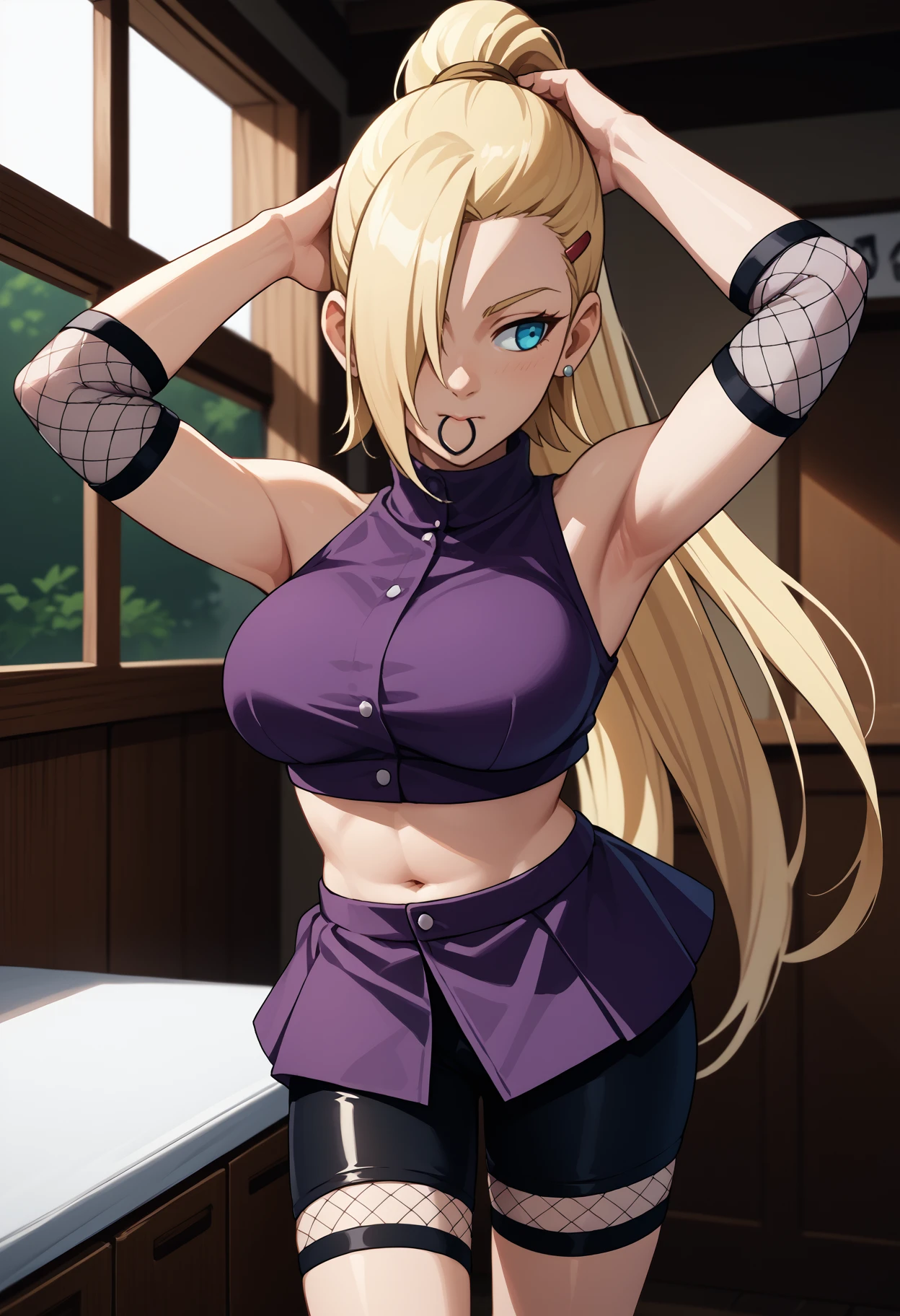 score_9, score_8_up, score_7_up, source_anime, <break> solo, 1girl, in0ymnka, looking away, standing, arms up, tying hair, adjusting hair, mouth hold, hair tie in mouth, long hair, blonde hair, hair over one eye, high ponytail, hairclip, blue eyes, fishnets, purple shirt, sleeveless turtleneck, buttons, crop top, purple skirt, black shorts, bike shorts, earrings, bare shoulders, midriff, navel, large breasts, indoors
<segment:yolo-face_yolov8m.pt,0.4,0.5//cid=1>