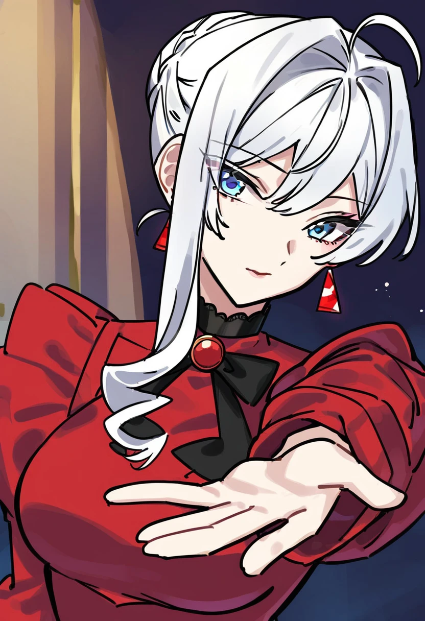 1girl, solo, scarlet el vandimion, blue eyes, white hair, ahoge, single hair bun, red dress, looking at viewer, Peaceful expression, upper body, cowboy shot, <lora:Character_Scarlet El Vandimion:0.8>