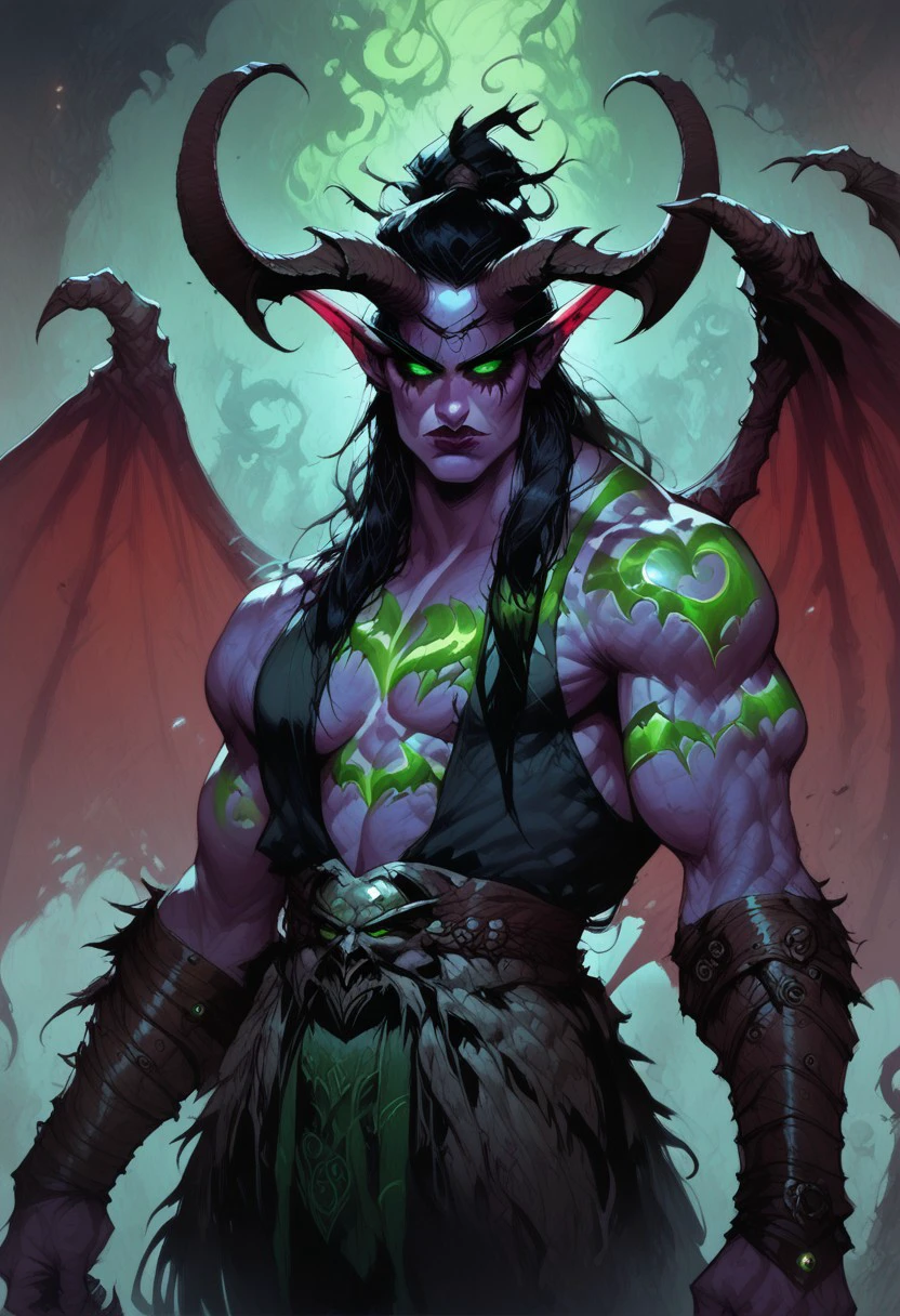 score_9, score_8_up, score_7_up, ratingsafe, safe, BREAK, 1boy cowboy-shot, dramatic lights ((Illidan Stormrage. IllidanStormrage. Illidan. Ilidanwc. Ilidanwarcraft night elf, black hair, sars, tatoos, demon boy, horns, big horns, large horns, bare chest, muscular, glowing tattos, tattoo, masculine, manly, wings, demon wings, bat wings, demon, green eyes, green glowing eyes,))