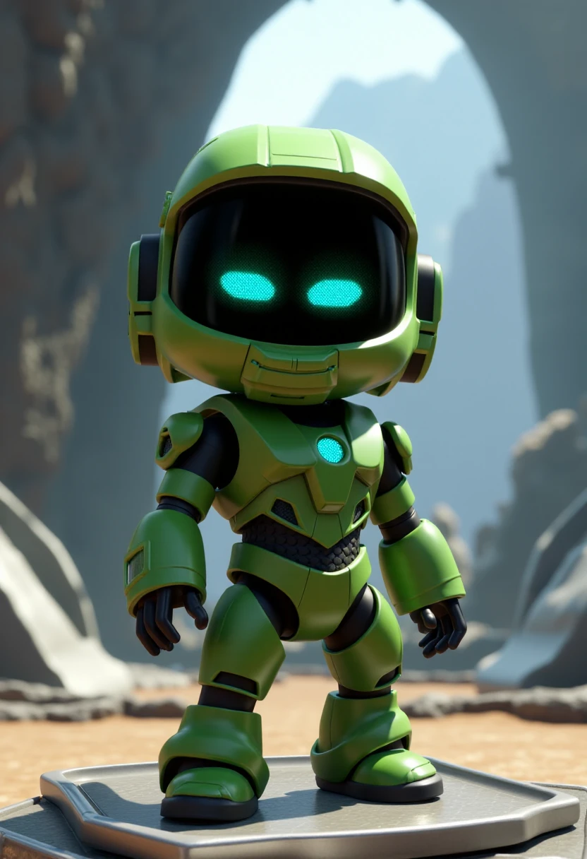 The image is a digital CGI illustration featuring a stylized, anthropomorphic robot standing in an alien environment. The robot, resembling Master Chief, has a sleek, rounded body with a green glossy head featuring glowing blue eyes and a small, pixelated display screen. The robot is dressed like Master Chief.   <lora:Astro_Bot_Builder_FLUX:1>