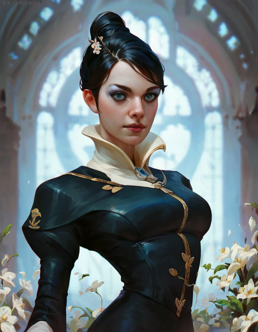 <lora:dishonored_xr_jessamine_v1.0b:0.85> score_9, score_8_up, score_7_up, jessamine, a woman in a black suit with a white collar, holds a flower in a castle, makeup, hair bun, long hair, narrow waist, looks at the viewer, dynamic ankle, cowboy shot, dynamic pose, cute, wide frame, realistic,