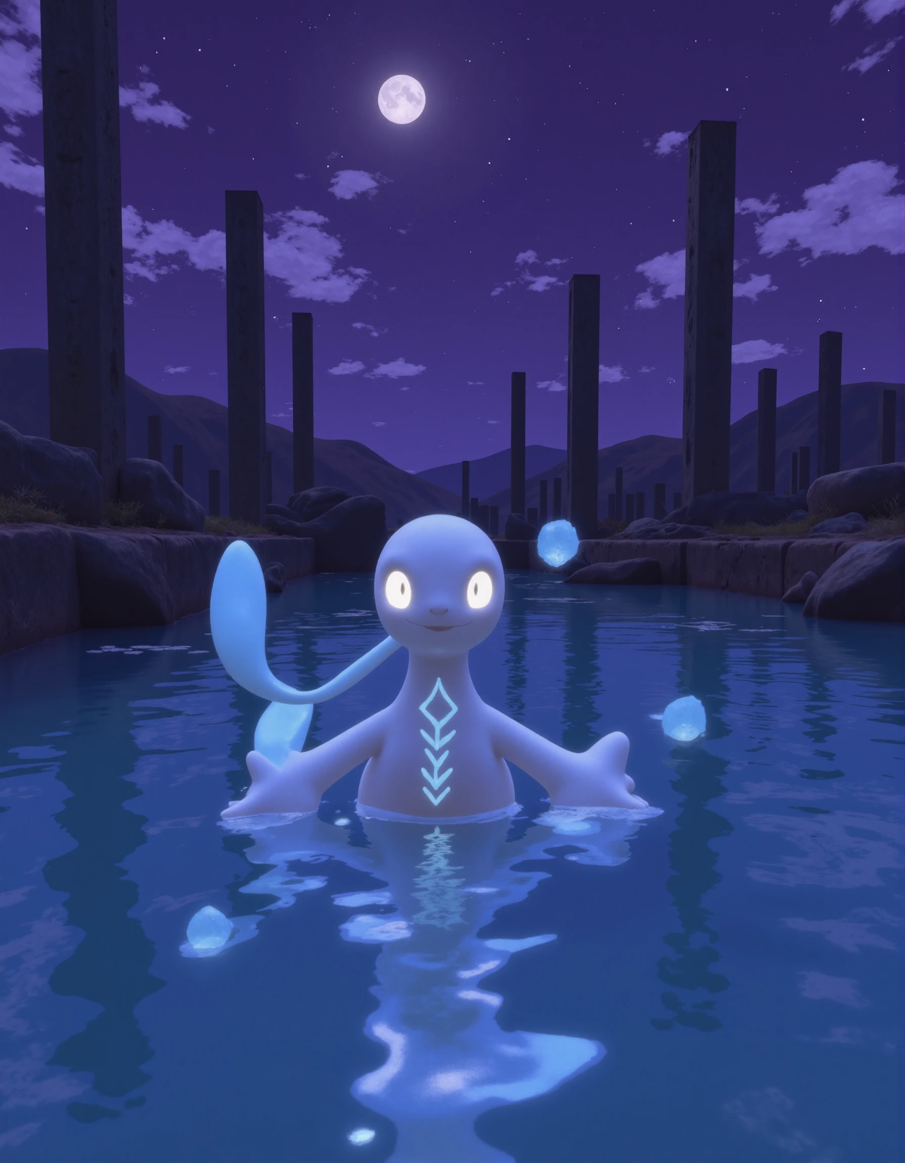 <lora:AntiBlur:3>, <lora:Pokémon Legends Arceus:1>, Hisui
Aquarune: A digital image featuring a stylized, cartoon-like representation of Aquarune, a water-type Pokémon species. Aquarune is depicted emerging from a calm, moonlit lagoon surrounded by tall, ancient stone ruins. The water beneath it is crystal clear, reflecting the deep purples and blues of the night sky above. Aquarune's sleek, silvery body is covered in intricate, rune-like markings that glow softly with a faint blue luminescence. Its long, ribbon-like fins flow gracefully behind it, while droplets of water hover mid-air, suspended by its control over the liquid. Its bright, white eyes seem to peer through the viewer, exuding a sense of wisdom and mystery. The scene feels both tranquil and magical, with the ruins adding a layer of ancient history to the setting.