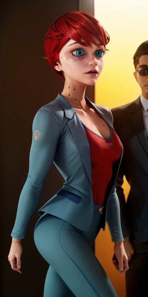 Hyperrealistic, photorealistic, super detailed, (long-sleeved blazer), trousers, expressive brilliant turquoise eyes, short red hair, body like in real life, several freckles on face, large pores, peach skin, slender, beautiful arms, very little very flat breasts, unreal engine, octane render, droped shadow, bokeh, cinematic lighting, <lora:add_detail:0.5>, <lora:Volumetric_lighting:0.6>, Ondine, <lora:4507115e-c874-4ac1-a882-1dcdf4e235ab:0.7>