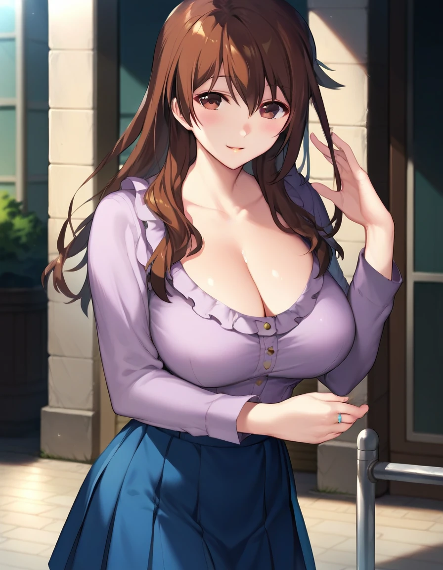 score_9,score_8_up,score_7_up,score_6_up BREAK official art,solo,outdoors,cowboy shot,looking at viewer,facing viewer,smile,blush,mature female,Takasaki Asuka,long hair,shiny hair,brown hair,hair between eyes,sidelocks,bangs,brown eyes,collarbone,cleavage,frills,blouse,purple shirt,long sleeves,jewelry,wedding ring,large breasts,blue skirt,pleated skirt,blue footwear,<lora:Takasaki Asuka(oin)-Pony:1.4>,