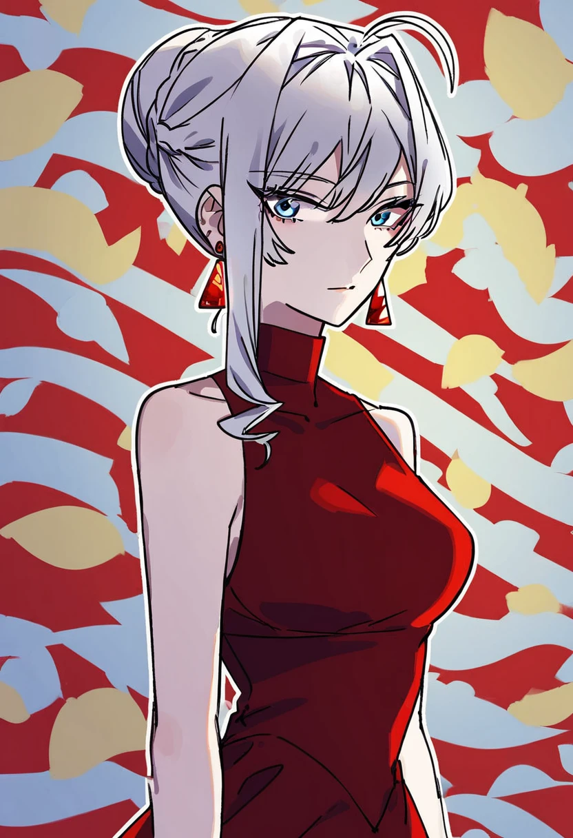 1girl, solo, scarlet el vandimion, blue eyes, white hair, ahoge, single hair bun, red dress, looking at viewer, Inquisitive expression, Rainbow background, medium shot, red earrings, <lora:Character_Scarlet El Vandimion:0.85>