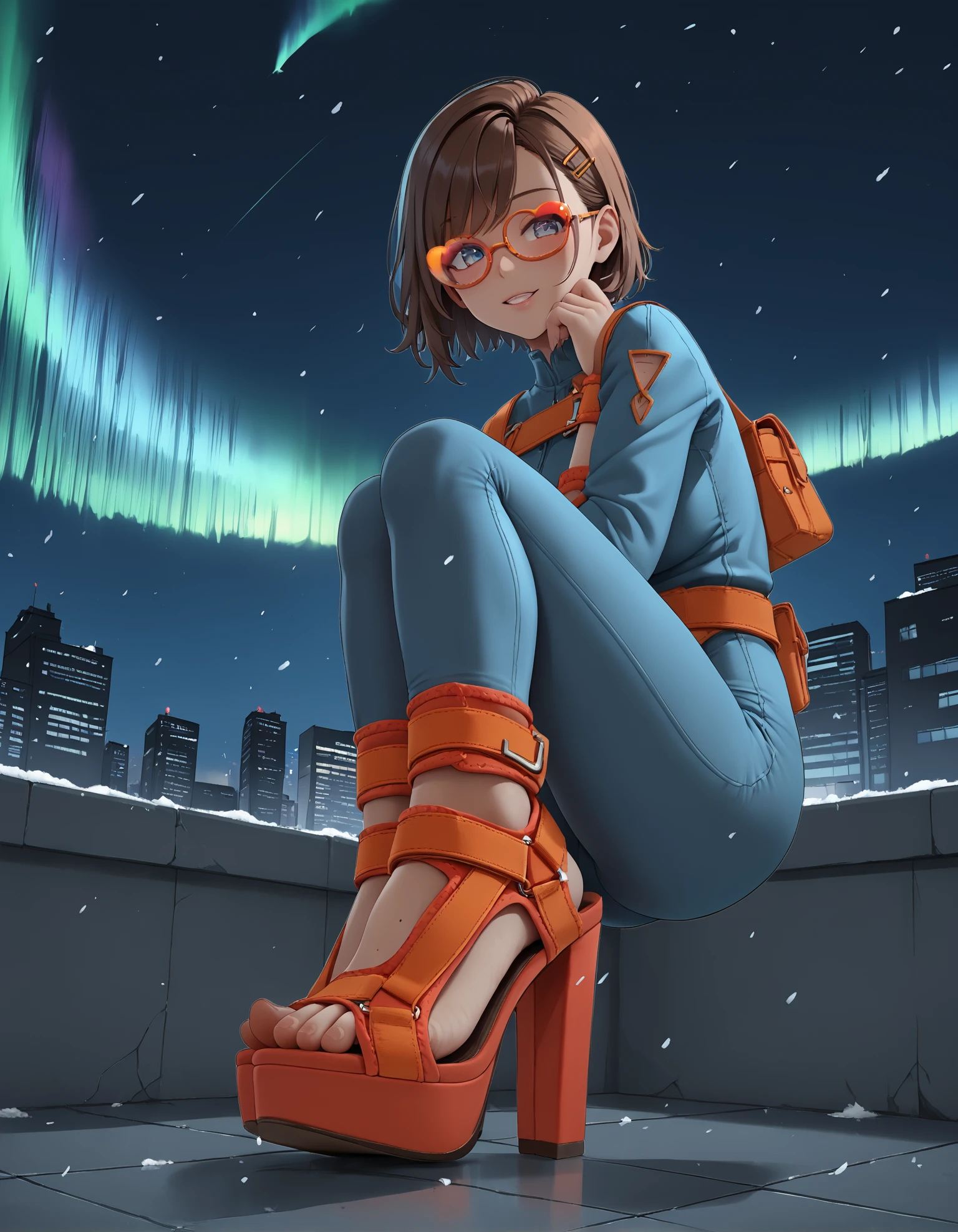 1girl, dark skin,
squatting, (rooftop:1.3), (skyline:1.2),  
blue bodysuit, heart-shaped cutout, sexy attire,
brown hair, short hair, curly hair, 
(sp0rts4nd4l heels), feet, toes,
from below, 
heart-shaped glasses, orange frame glasses,
snowing, aurora borealis, 
night, dark, dark background, Low-key lighting,
color grading,
embedding:zPDXL2 ,