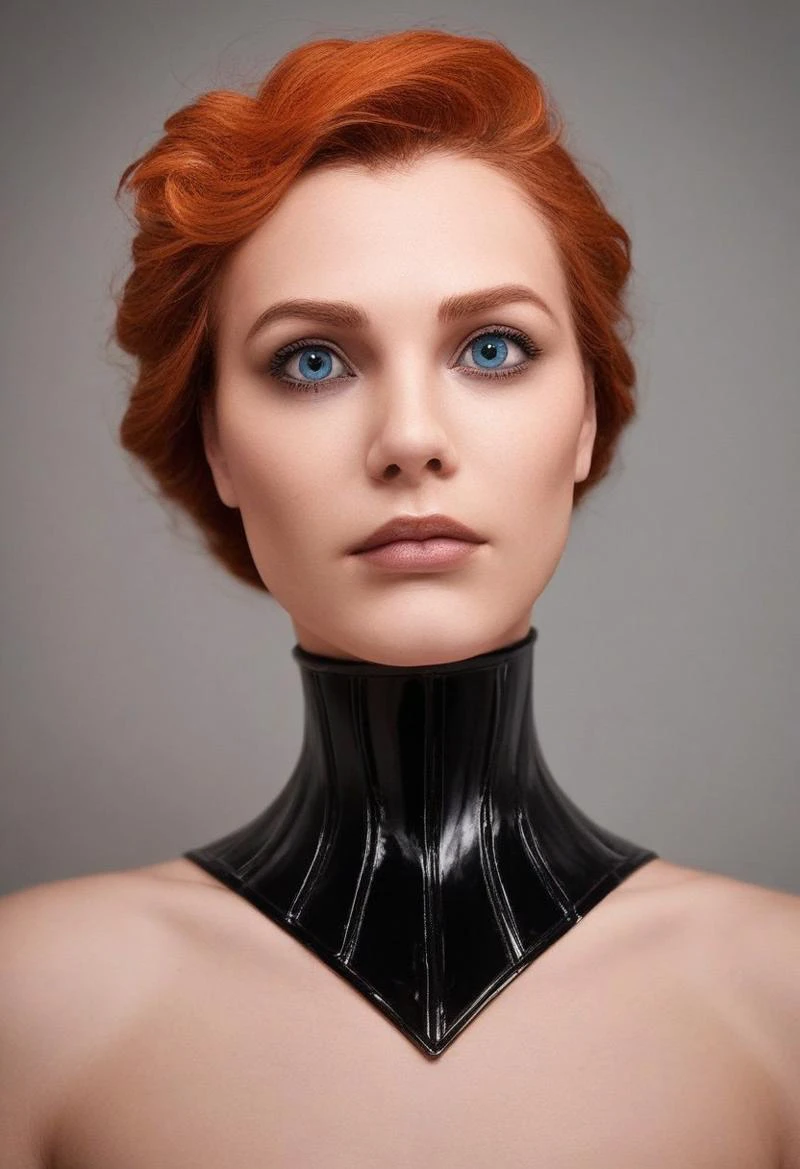 score_9, score_8_up, score_7_up, rating_safe, 
concept art, realistic, dark theme, low light, 1girl, solo.
Ginger hair, Blue eyes.
Neckcorset. latex neck corset. covered chest.