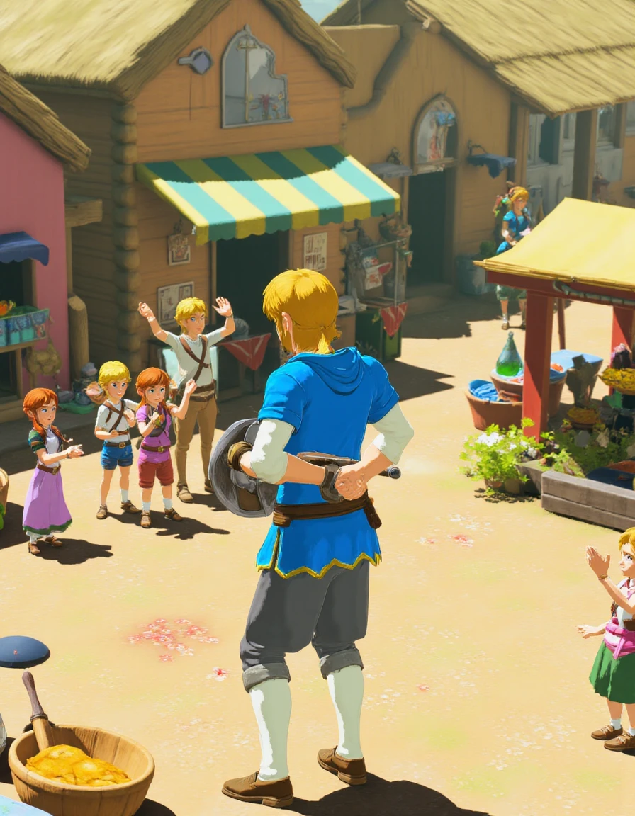 <lora:botw_flux-000015:1>,Cinematic still of the adventurer standing in the bustling village of Hateno, wearing his iconic blue tunic and hood. He is in the center of the village square, surrounded by colorful market stalls and charming wooden houses with thatched roofs. Villagers go about their daily routines, some waving at the hero with admiration. He stands confidently, holding a simple wooden sword and a shield, looking towards a group of curious children gathered around him, their eyes wide with awe. The scene is lit by warm afternoon sunlight, casting soft shadows and highlighting the vibrant flowers and greenery around the village. In a fantasy game, focus on the hero, community and warmth, lively yet peaceful setting.