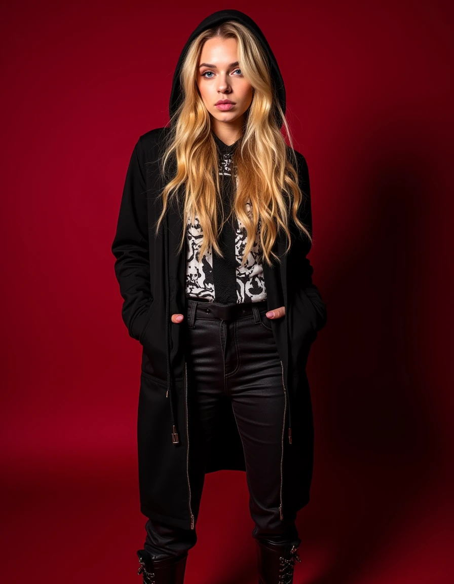 cinematic, 3/4 , side view photo of  ZZ ward,  (round chin no dimple), long wavy blonde hair in cascade style,  (well-lit face), posing with an attitude  standing in a photo studio, wearing a designer jeans, a long black hoodie with the hood on, and a white collar laced shirt , and black military boots, foggy effect on the floor,  colors:  black, white, red  pro lighting, high-res, 4k, spotlight her classically beautiful face, photo realistic, real photography, a few tints of surrealism and dreamy fantasy like ambience, zzw [grainy film: 0.8], detailed eyes,  <lora:zz-ward:1>