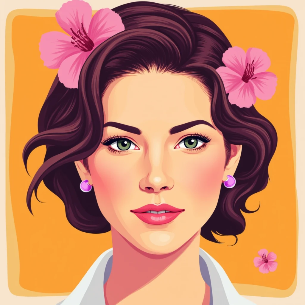 Use modern vector graphics flat design art with vibrant colors with a limited color pallete and simple shapes to create an illustration of a woman wearing flowers in her hair looking at the viewer, , <lora:Katheryn_Winnick_FLUX_v1-000040:1>