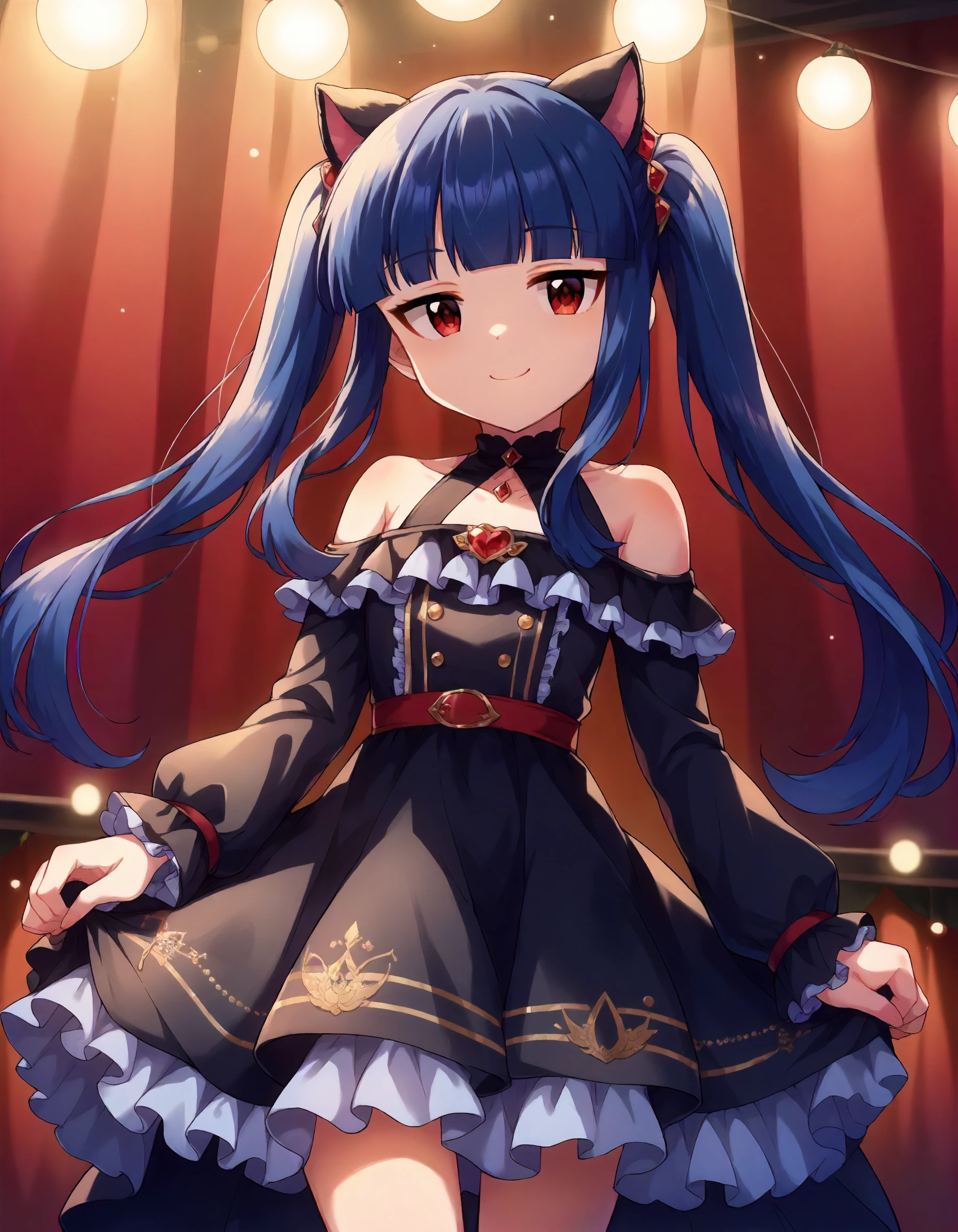 score_9,score_8_up,score_7_up,1girl,solo,cowboy shot,looking at viewer,smile,curtsey,stage lights,
<lora:sajoyukimi_ponyXLV6:0.8>,cgsjy,
blue hair,twintails,blunt bangs,red eyes,
cat ears,black dress,bare shoulders,long sleeves,frills