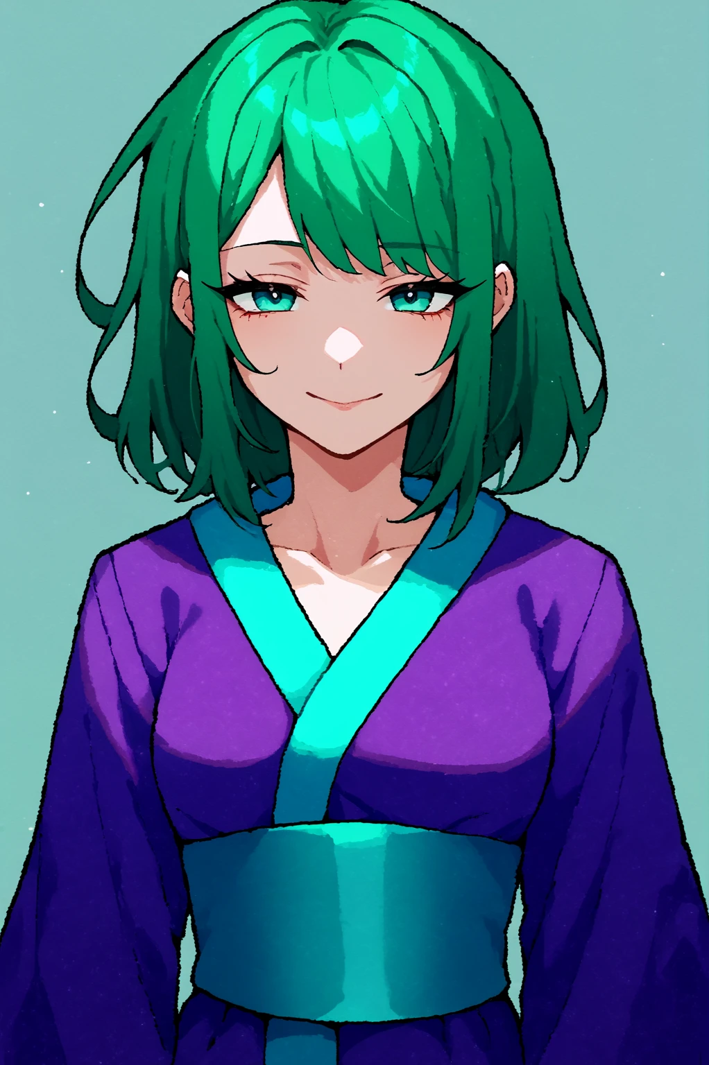 score_9, score_8_up, score_7_up, source_anime, perfect lines,  (((ryousister))), 1girl, solo, medium hair, green hair, aqua eyes, purple kimono, aqua sash, half-closed eyes, light smile <lora:onibiv2:1>