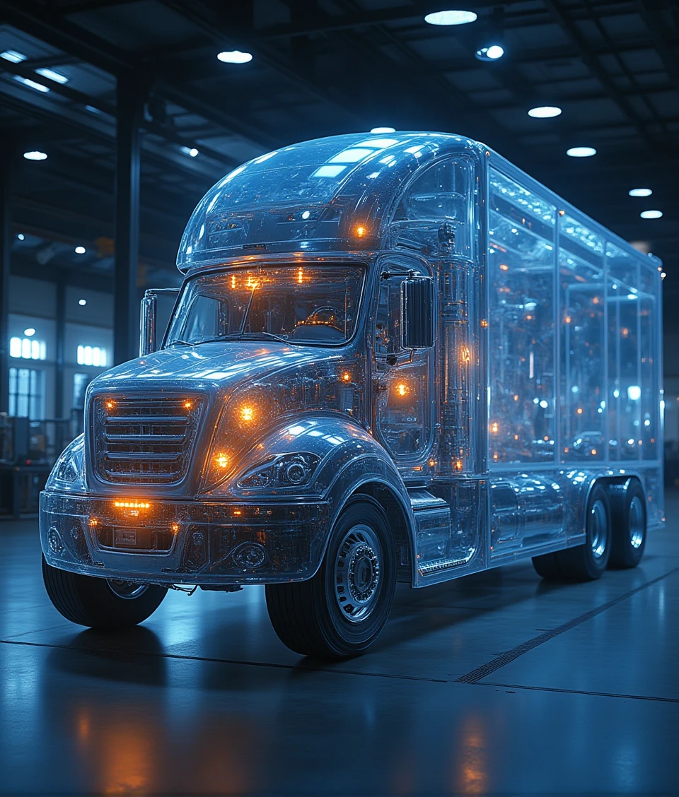 mechneuro,a truck in factory,glowing and mechanical inside and see-through, 