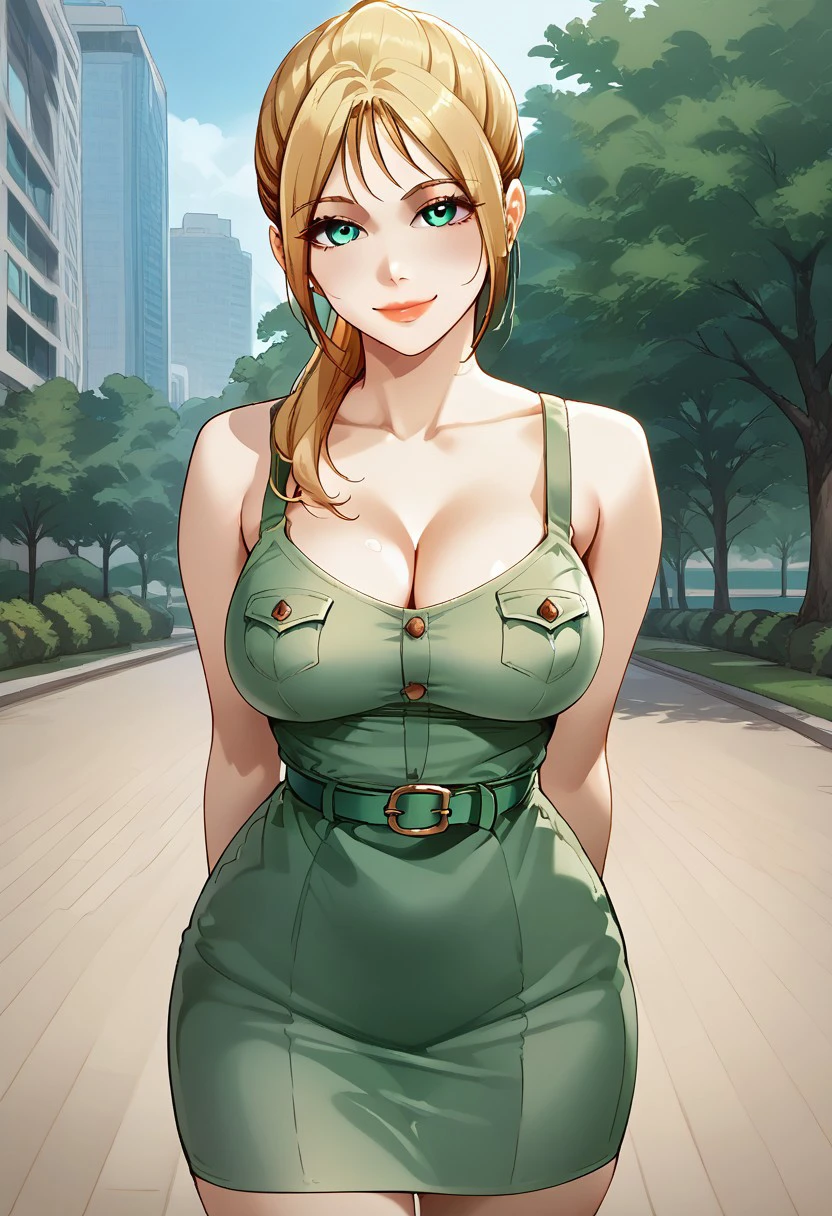 score_9, score_8_up, score_7_up, ASCII masterpiece, source_anime, BREAK, 1girl, solo, (( <lora:ji-ah_(boarding_diary):1> , ji-ah_(boarding_diary), thin waist, wide hips, beautiful skin, beautiful turquoise eyes, clear eyes, bright pupils, beautiful eyes, beautiful blonde hair, long ponytail, bangs, huge and shaggy breasts, natural beauty, extraordinary beautiful woman, attractive woman, super sexy woman, lustful body, sexy woman with seductive obscene body, sensual body, voluptuous body, sexy beauty, no piercings, no piercing, )), ((sexy sleeveless green denim dress, obscene cleavage, huge cleavage, green belt, )) , looking at viewer, uncensored, sexy pose, beautiful smile, outdoor, park, looking at viewer, horny, seductive, cute pose, cowboy shot, front view, hands behind back,