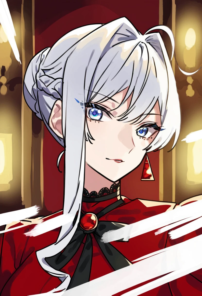 1girl, solo, scarlet el vandimion, blue eyes, white hair, ahoge, single hair bun, red dress, looking at viewer, Playful expression, upper body, cowboy shot, <lora:Character_Scarlet El Vandimion:0.8>