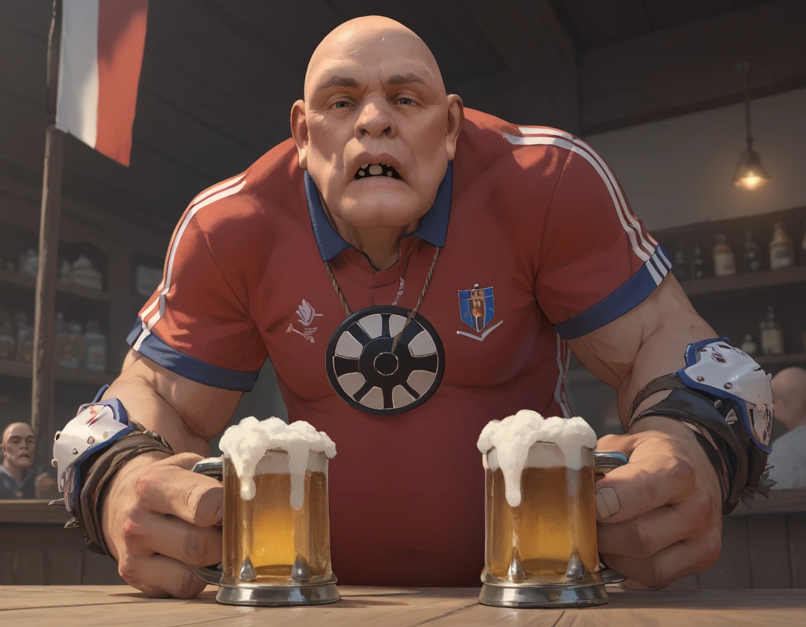 score_9, score_8_up, score_7_up, 
G14NT, giant, bald, male focus, in a pub, holding beer, english flag, english, soccer jersey,
<lora:Giant_PonyXL:0.8>