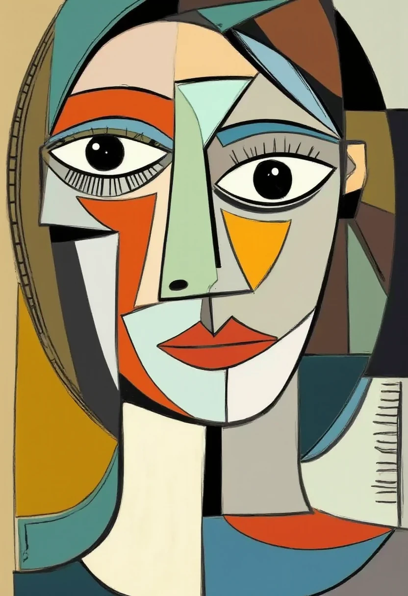 A womanâs face depicted with eyes, nose, and mouth fragmented and viewed from multiple angles at once. The portrait should feel disjointed yet harmonious, capturing the essence of the Cubist technique of breaking down and reconstructing reality. The background is simple, using muted colors, while the face is painted in various shades of gray, ochre, and blue to enhance the depth. ,  CubismStrokes