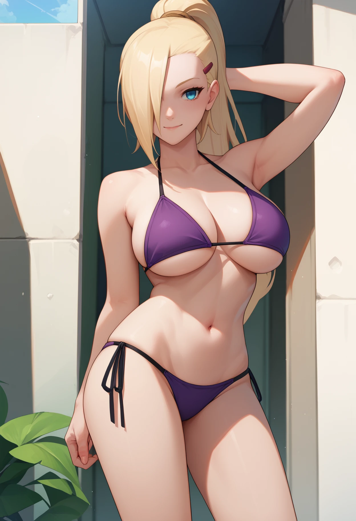 score_9, score_8_up, score_7_up, source_anime, <break> solo, 1girl, in0ymnka, light smile, looking at you, standing, arm behind head, long hair, blonde hair, hair over one eye, high ponytail, hairclip, blue eyes, purple bikini, side-tie bikini bottom, large breasts, outdoors, beach
<segment:yolo-face_yolov8m.pt,0.4,0.5//cid=1>