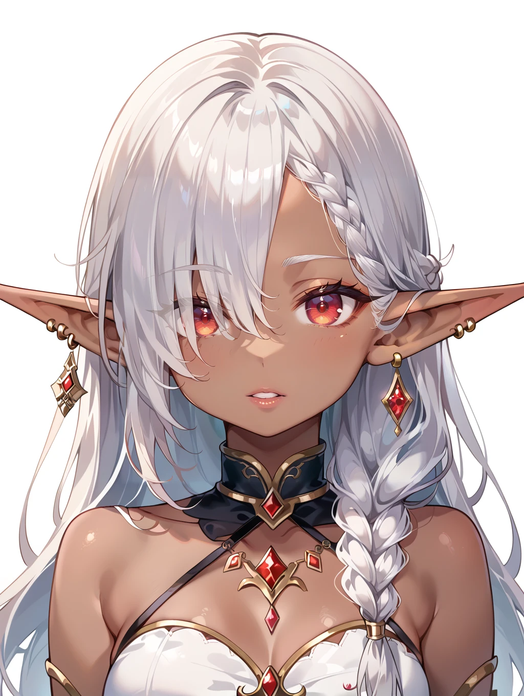 score_9, score_8_up, score_7_up,source_anime,
1girl, bangs, braid, saml breasts, dark-skinned female, dark elf, dark skin, ear piercing, earrings, elf, hair over one eye, jewelry, long hair, looking at viewer, parted lips, piercing, pointy ears, red eyes, solo, upper body, white hair
<lora:style005:0.7>
