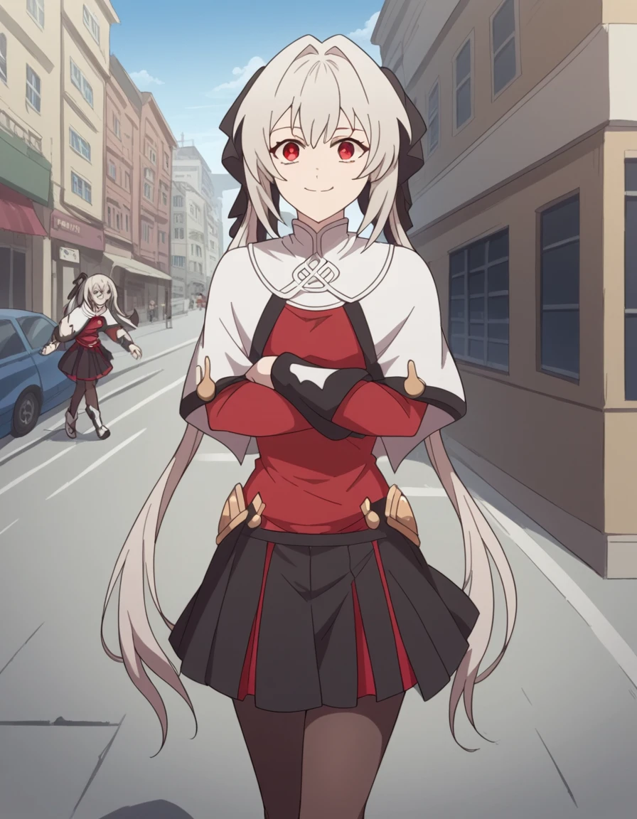 score_9, score_8_up, score_7_up, source_anime, <lora:lynneburg-clays-s1-ponyxl-lora-nochekaiser:1>, lynneburg clays, long hair, red eyes, twintails, grey hair, hair intakes, hair ribbon,, pantyhose, capelet, white capelet, dress, red dress, long sleeves, skirt, black skirt, pleated skirt,, city street, evening, streetlights, walking dog, quiet neighborhood, gentle breeze, smile, , crossed arms, smile, smug, solo,, cowboy shot, dutch angle