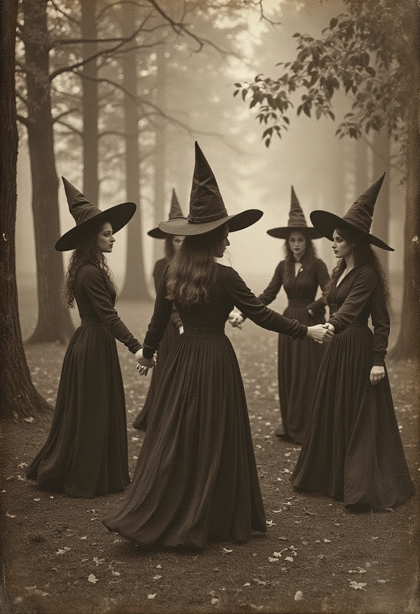 A group of women dressed as witches, holding hands and dancing in a circle in a forest clearing. The image is sepia-toned and the scene is bathed in soft, ethereal light, creating a mystical and somewhat haunting atmosphere. sepia toned photograph, dark atmosphere, victorian era,, <lora:anatomica-chalk_v20_rank64_bf16-step03000:1>, vicgoth