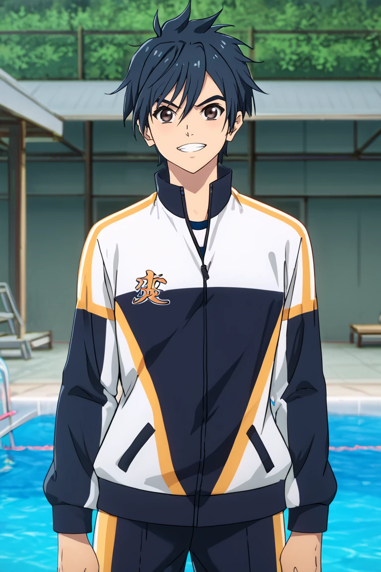 zPDXL2,<lora:re_main-000007>,rating_safe,foreshortening,cowboy shot,1boy,club track jacket,male focus,looking at viewer,smile,pool BREAK minato kiyomizu,:d,v,