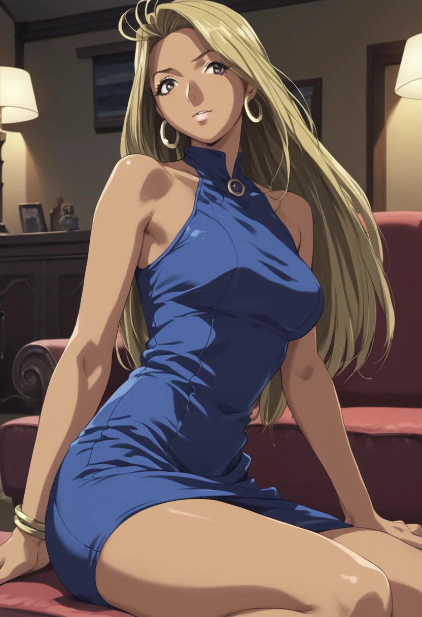 score_9,score_8_up,score_7_up, 1girl, Mayumi_Wakabayashi, blonde hair, long_hair, solo,  (dark_skin,:1.2) , white blue dress, golden hoop earrings, <lora:CrossswimsuitXL_epoch_6:0.99>, looking_at_viewer, living room, (high quality, detailed, beautiful),