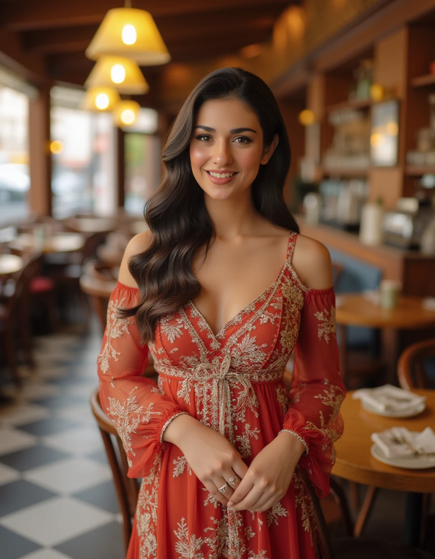 <lora:Sarah_Khan_Flux:1> beautiful detailed photograph, wearing a dress, standing in cafe looking at the viewer, smiling