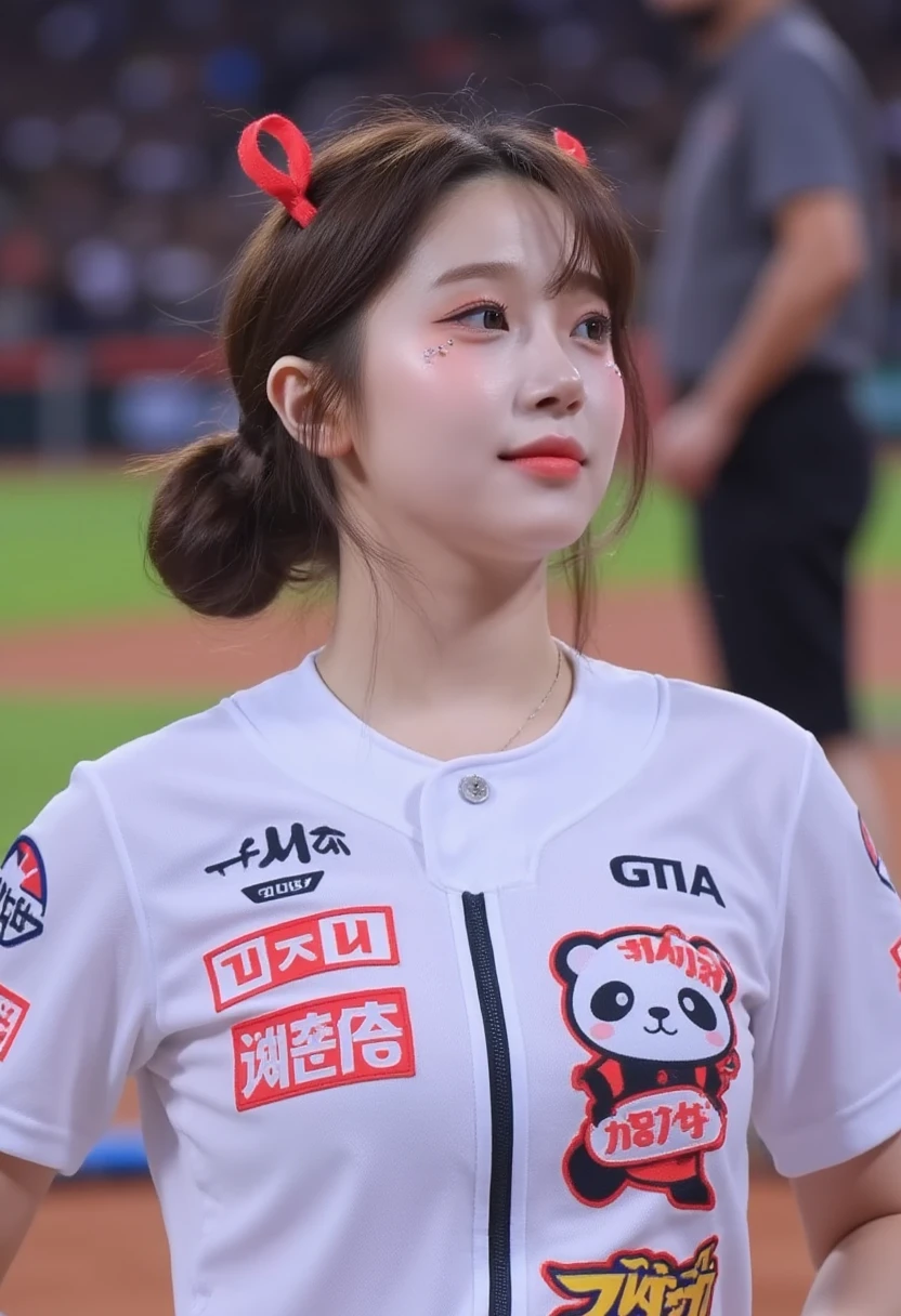 possibly a tennis court, possibly a panda. Her makeup is minimal, heart-shaped face with large, The image is a high-resolution photograph taken at an indoor sports event, on the front., straight brown hair styled in two loose pigtails adorned with red ribbons tied at the ends. Her hair also has two small