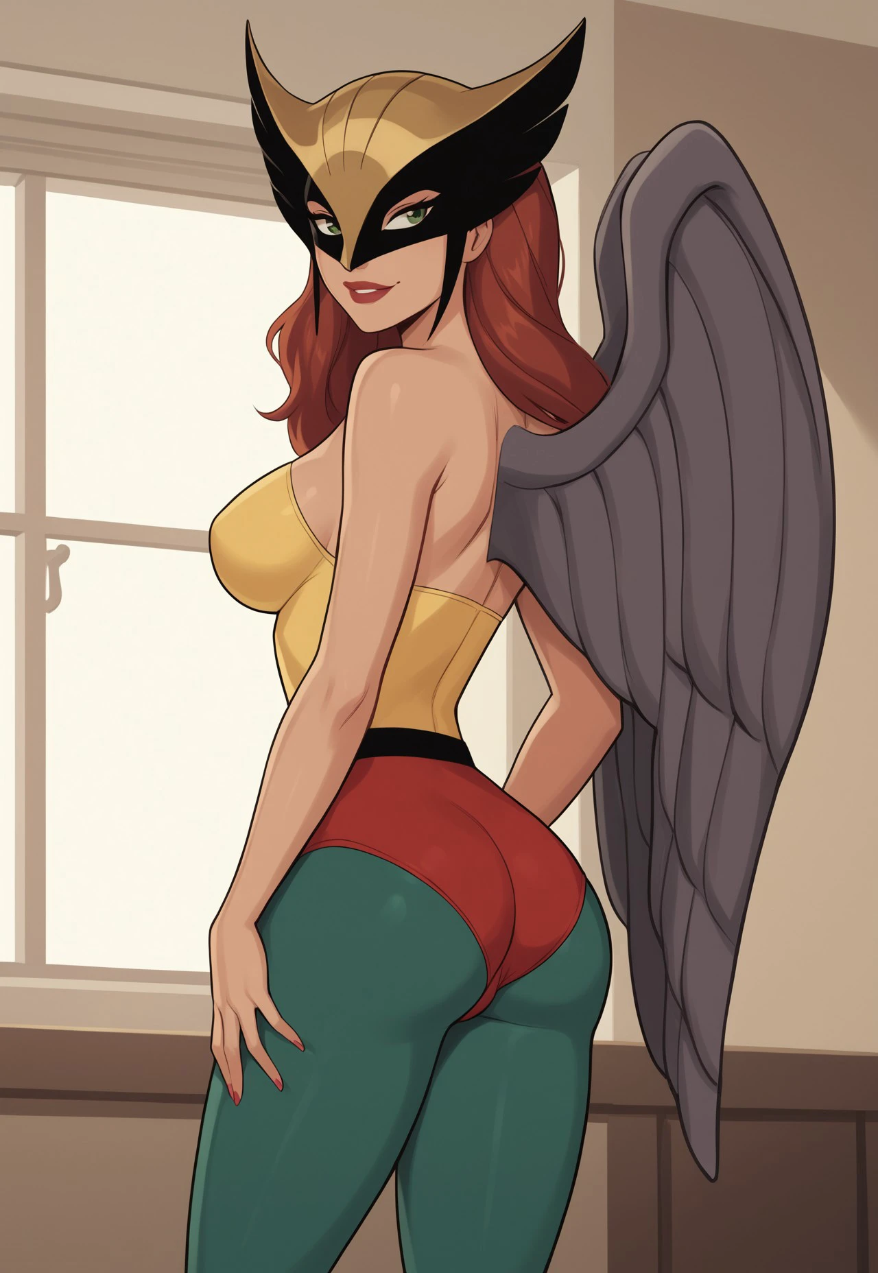 safe_pos, PonyXLV6_Scores BREAK ((retro artstyle, parody)), perfect anatomy, cowboy shot) shayera hol, wings, long hair, green eyes, flirting, raised eyebrow, ((looking back at viewer)), mask, superhero, bare shoulders, yellow leotard, ((red bloomers)), green pantyhose, curvy, toned, athletic, large breasts, standing, hands on own ass, ass support, sexually suggestive, indoors