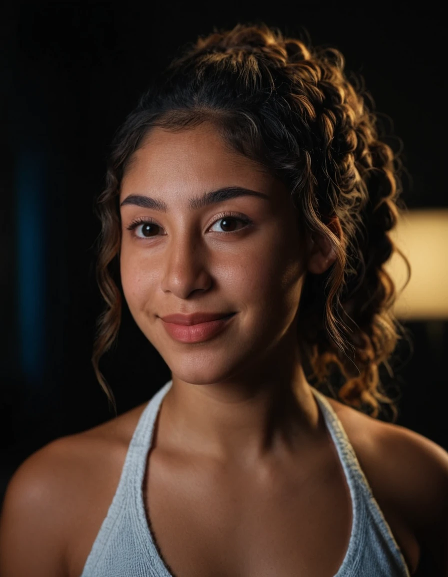  (((close up))) photograph of (1girl, 21 years old, smile, <lora:ZH_IsaFerreira_v1SDXL:1>, zh_isaferreira, solo, long hair, realistic, brown hair, looking at viewer, brown eyes,  messy french braid) wearing (high-neck halter top, make up)