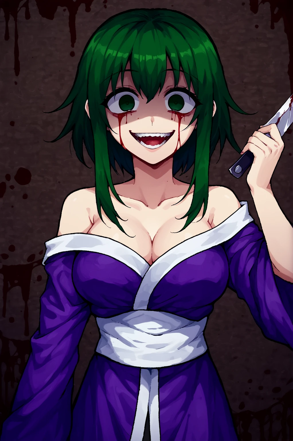 score_9, score_8_up, score_7_up, source_anime, perfect lines,  1girl, solo, shishikusa ryou, green hair, green eyes, medium hair, purple kimono, white sash, blood, ((holding knife)), guro, empty eyes, knife, smile, shaded face, hand up, (holding), blood on walls, (basement), cleavage, large breasts, off shoulder, gesugao, open mouth, crazy smile, looking at viewer, looking down, dark walls, brown wall, horror, dynamic angle, from below, onigumo to kitsune no shishi to <lora:onibiv2:1>