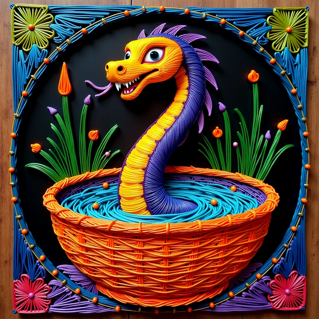 A string art cobra emerging from a basket in India.

strngartCE style