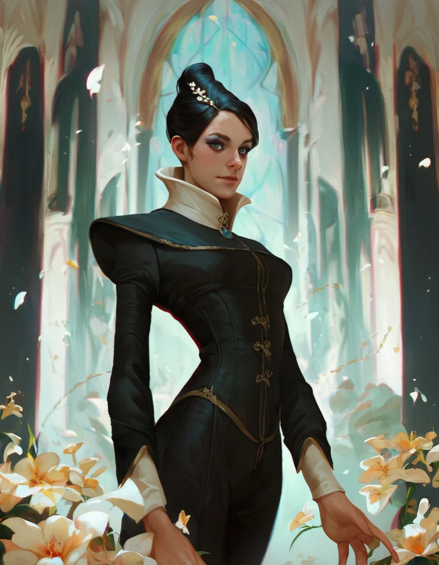 <lora:dishonored_xr_jessamine_v1.0b:1> score_9, score_8_up, score_7_up, jessamine, a woman in a black suit with a white collar, holds a flower in a castle, makeup, hair bun, long hair, narrow waist, looks at the viewer, dynamic ankle, cowboy shot, dynamic pose, cute, wide frame, realistic,