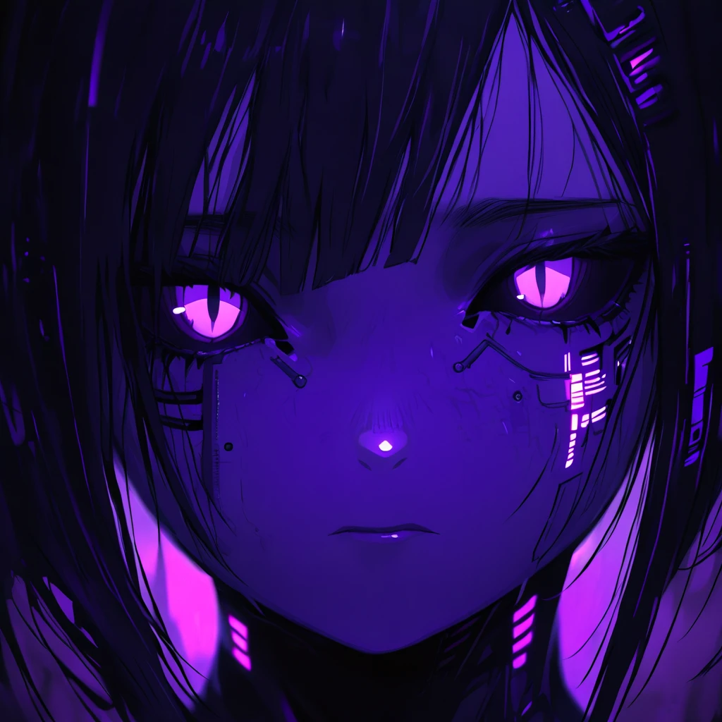 gothic cyberpunk girl,solo,portrait,upper body,smoot skin,dark eyes,gloomy,sad,purple theme,dark theme,glowing dark purple sclera,dark pupil,
, <lora:holographic:0.8>