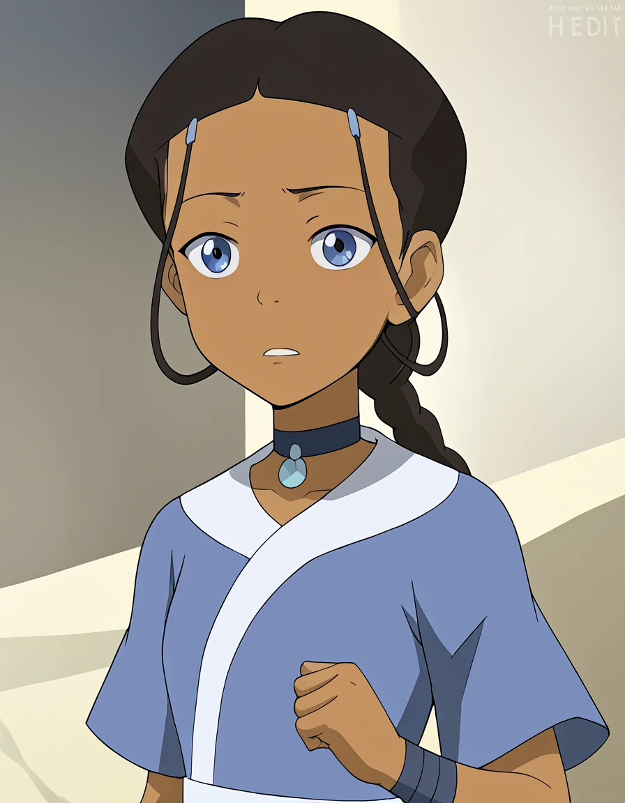 score_9, score_8_up, score_7_up, hedit, <lora:hedit_style:1> <lora:katara-book2-ponyxl-lora-nochekaiser:1> katara, 1girl, dark-skinned female, black hair, braid, long hair, dark skin, choker, blue eyes, single braid, hair ornament, hairclip