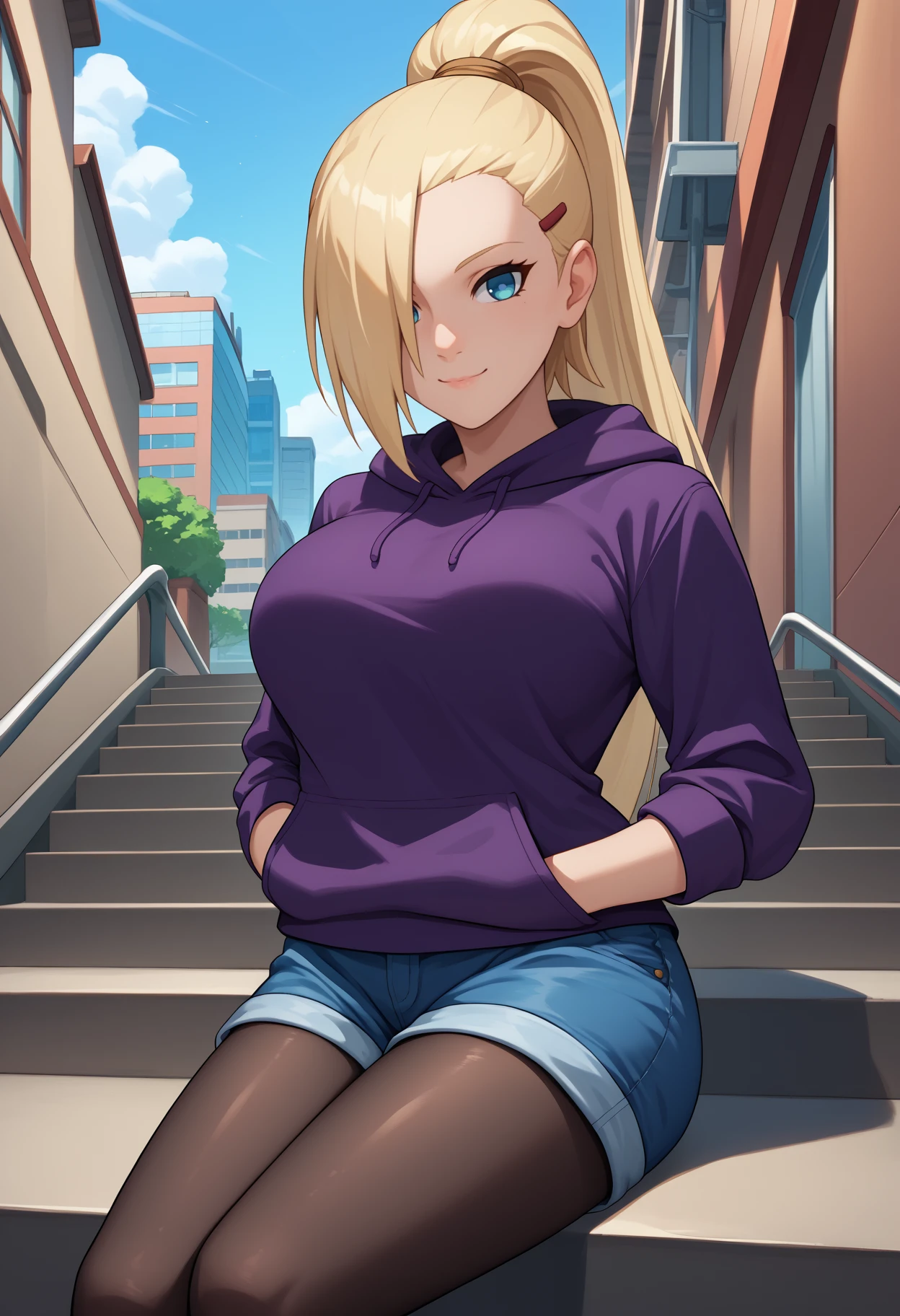 score_9, score_8_up, score_7_up, source_anime, <break> solo, 1girl, in0ymnka, light smile, looking at you, sitting, stairs, hands in pockets, long hair, blonde hair, hair over one eye, high ponytail, hairclip, blue eyes, purple hoodie, blue shorts, denim shorts, black pantyhose, large breasts, outdoors, city
<segment:yolo-face_yolov8m.pt,0.4,0.5//cid=1>