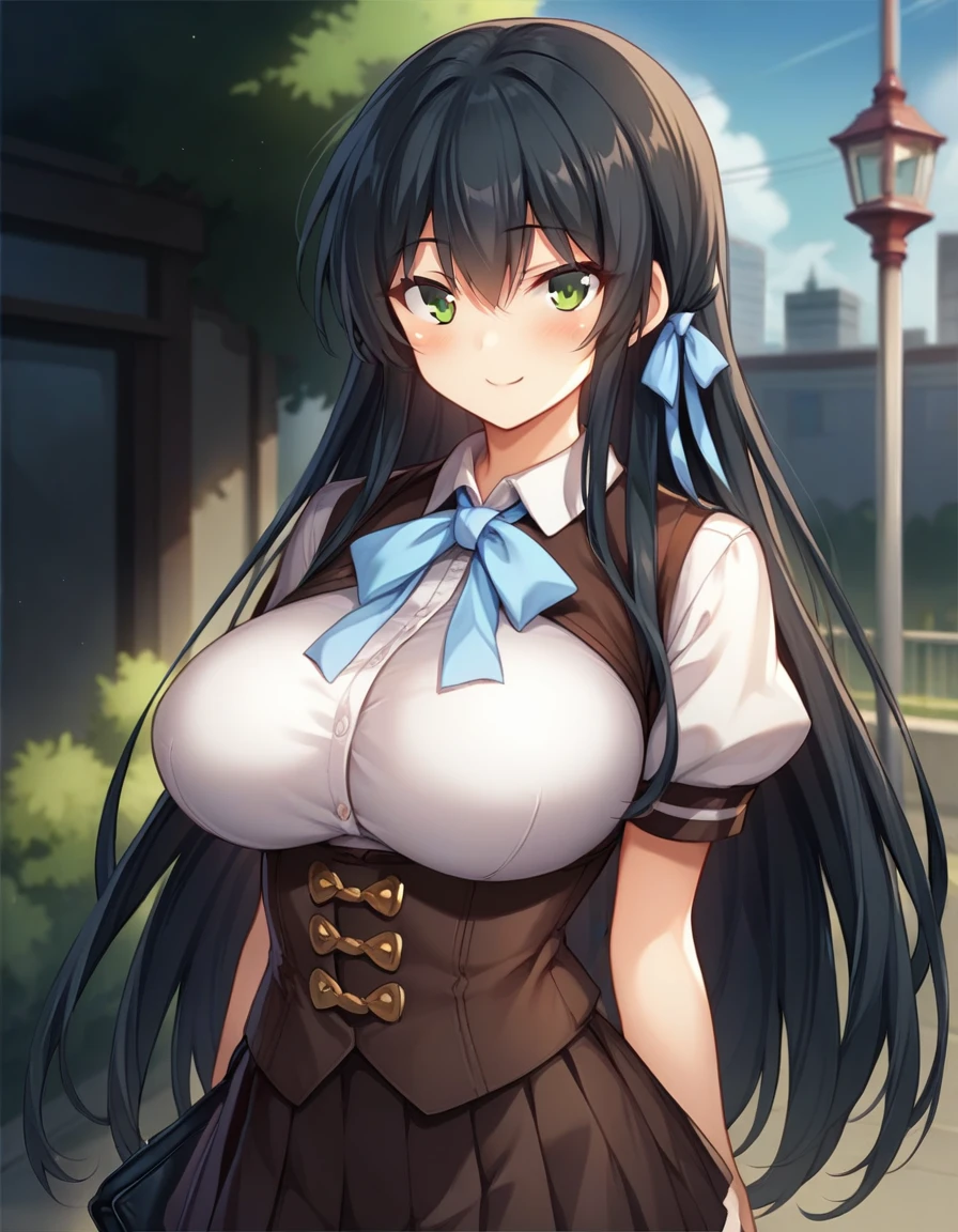 score_9,score_8_up,score_7_up,score_6_up BREAK official art,solo,outdoors,upper body,(portrait:1.5),looking at viewer,facing viewer,smile,blush,Sawatari Airi,very long hair,black hair,hair ribbon,sidelocks,hair between eyes,bangs,green eyes,school uniform,neck ribbon,blue ribbon,brown vest,white shirt,collared shirt,puffy short sleeves,large breasts,underbust,framed breasts,impossible clothes,skindentation,corset,miniskirt,brown skirt,pleated skirt,frilled skirt,black pantyhose,loafers,<lora:Sawatari Airi(n jk l)-Pony:1.1>,