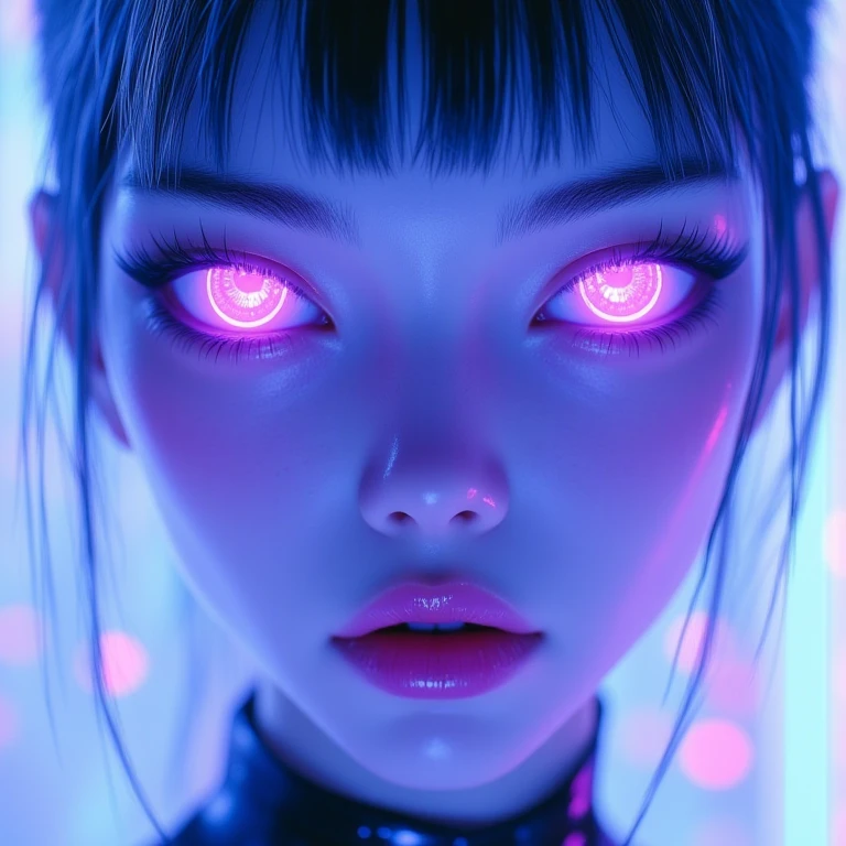 The image is a highly stylized digital illustration of a young woman with an ethereal, futuristic appearance. She has an androgynous face with sharp, angular features and a smooth, porcelain-like complexion. Her skin is a soft, pale blue with subtle highlights, giving her a glowing, otherworldly quality. Her eyes are the most striking feature, glowing with an intense, luminescent purple hue, almost like neon lights, which casts an eerie, captivating glow around her face. <lora:holographic-flux_fast_1:0.8>