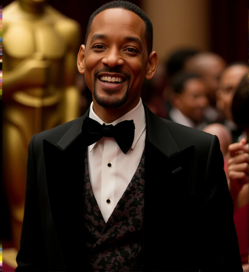 ,  photography. portraiture. 80mm lens. F2.8. . photography. f/2.8 macro photo, bokeh, photorealism, elegant jacket and trousers, at the Oscars night <lora:will-smith-flux-w1ls5:1> w1ls5