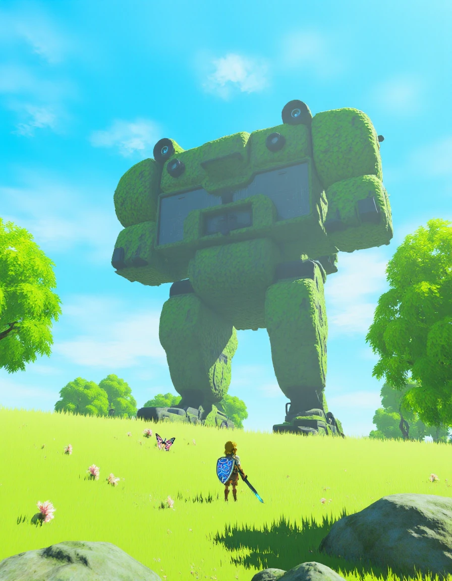 <lora:botw_flux-000015:1>,Cinematic still of a typical "Breath of the Wild" scene featuring the adventurer standing on a grassy hilltop, gazing up at a massive, ancient guardian robot that lies dormant and overgrown with vines and moss. The scene is set under a clear blue sky with a few fluffy clouds drifting by. Wildflowers and butterflies dot the landscape, and a gentle breeze causes the leaves on nearby trees to sway. The adventurer, holding a glowing sword and shield, appears small compared to the colossal guardian, emphasizing the scale and wonder of the world. In a fantasy game, sense of discovery and adventure, peaceful yet mysterious ambiance.