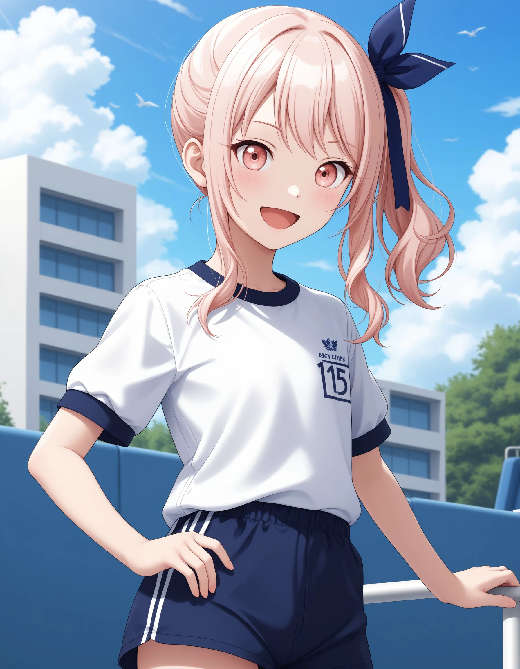 (masterpiece), best quality, expressive eyes, perfect face, akiyama_m, smile, open mouth, shirt, ribbon, hair ribbon, white shirt, short sleeves, :d, sidelocks, outdoors, sky, shorts, day, cloud, side ponytail, blue sky, gym uniform, +++, <lora:2b3ece8f-5cff-4de1-95f1-40db7d35ae8a:0.7>