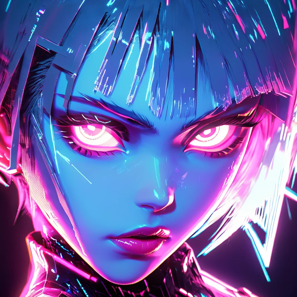 The image is a digital artwork rendered in a vibrant, neon-lit style, reminiscent of cyberpunk or anime aesthetics. The subject is a young woman with an androgynous face, characterized by sharp, angular features and a striking, intense gaze. Her skin appears to be a cool, pale blue hue, with subtle highlights and shadows that give a 3D texture,vaporwave,
, <lora:holographic:0.8>