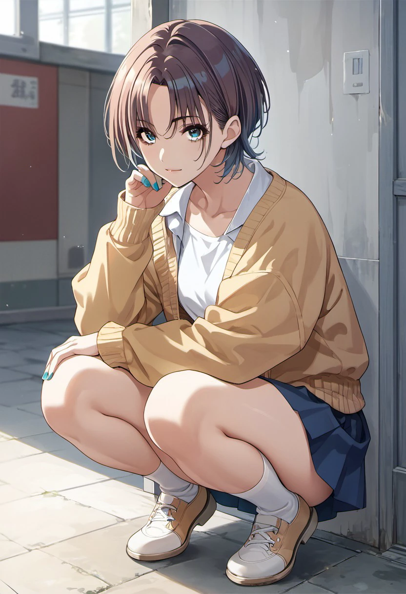 score_9, score_8_up, score_7_up, source_anime,asakura toru, short hair, brown hair, blue hair, blue eyes, 1girl, solo, squatting, skirt, nail polish