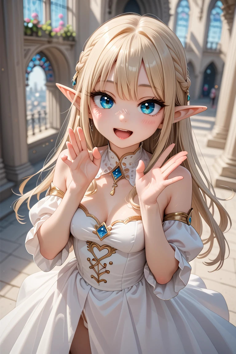1 girl, Beautiful elven woman, Long straight blonde hair, Upturned elven pointed ears, Sexy appearance, Hot body, Perfect breasts, Attractive cleavage, Very beautiful face, Detailed顔, Delicate eyes, Detailed瞳孔, Beautiful and delicate lips, Pale skin, A slight blush, shy, heart, in love, White Camisole Long Skirt, simple and stylish, small crystal earrings, Hand-drawn animation, (Portraiture:1.3), Detailed, Outdoor, Symmetrical clothing, Highest quality, masterpiece,
