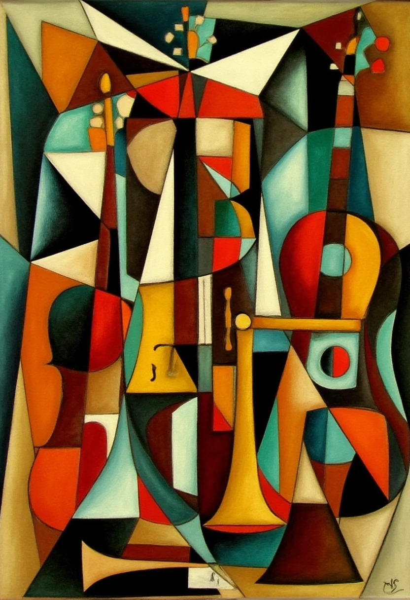 A composition of various musical instruments like violins, guitars, and trumpets, each broken down into geometric shapes and viewed from different angles simultaneously. The colors should be earthy, with bold lines and intersecting planes to emphasize the dimensional shift of Cubism. This piece evokes the feeling of a classical Cubist still life, where objects are recognizable but abstracted into geometric forms.,  CubismStrokes