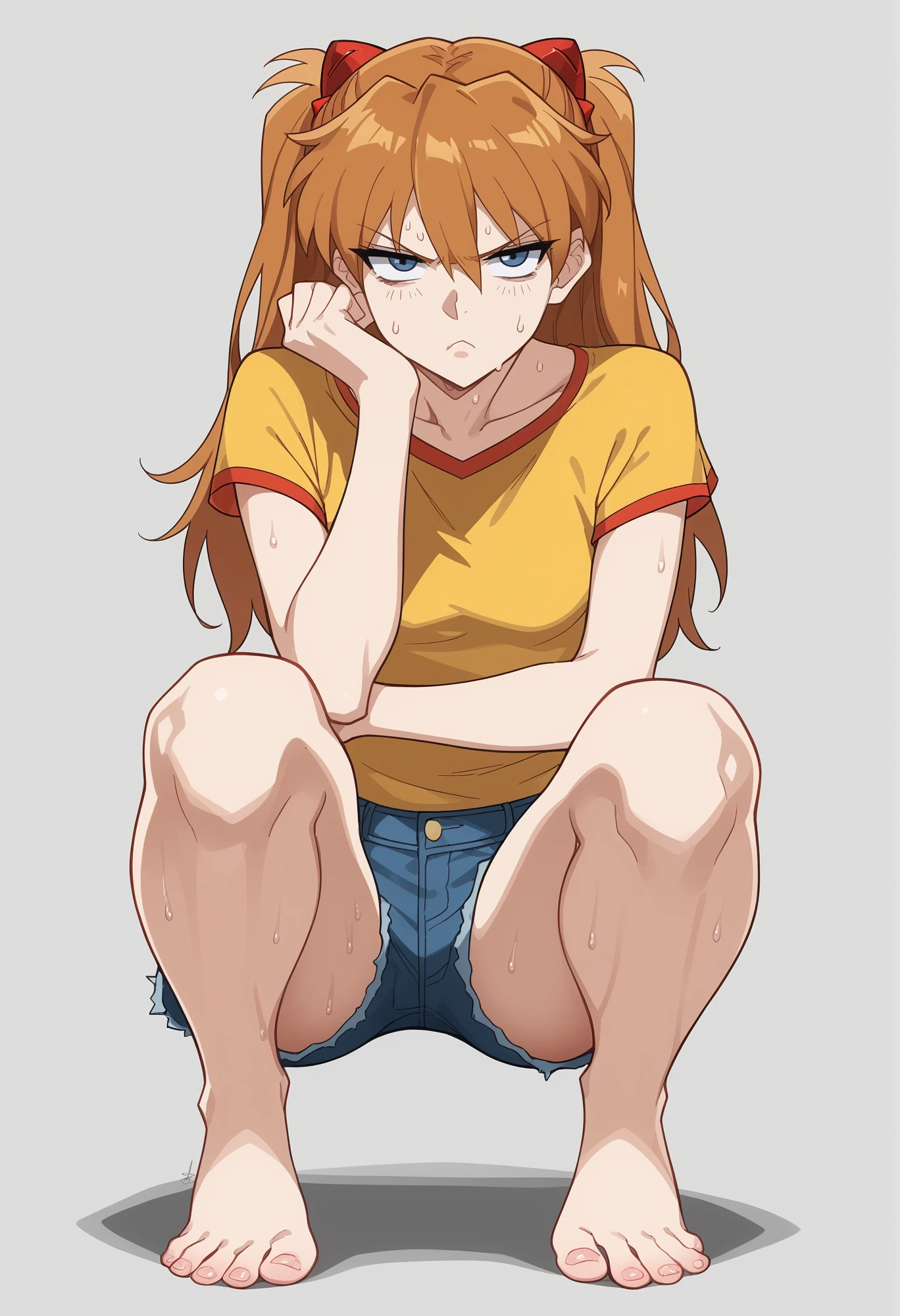 1girl,<lora:Feguimel_Style:1>,asuka langley,solo,crouching,feet,spread,annoyed,1hand,thin,teen,jean shorts,sweat