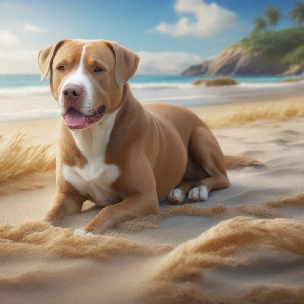 A beautiful dog, on the beach, photorealistic, masterpiece, UHD, 16K